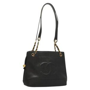 CHANEL COCO Mark Chain Shoulder Bag Grained Calf Skin Black Gold CC Auth 132292
